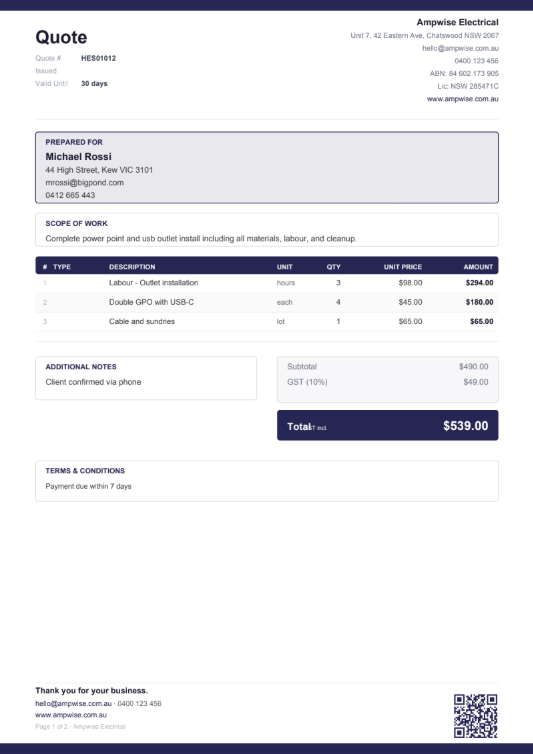 Quote PDF — Ampwise Electrical